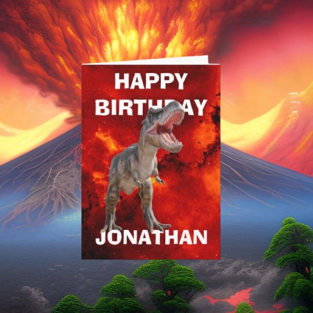 Carte Rendre leur anniversaire inoubliable avec notre T- (Unleash your creativity with our T Rex dinosaur card featuring a striking red volcano!)