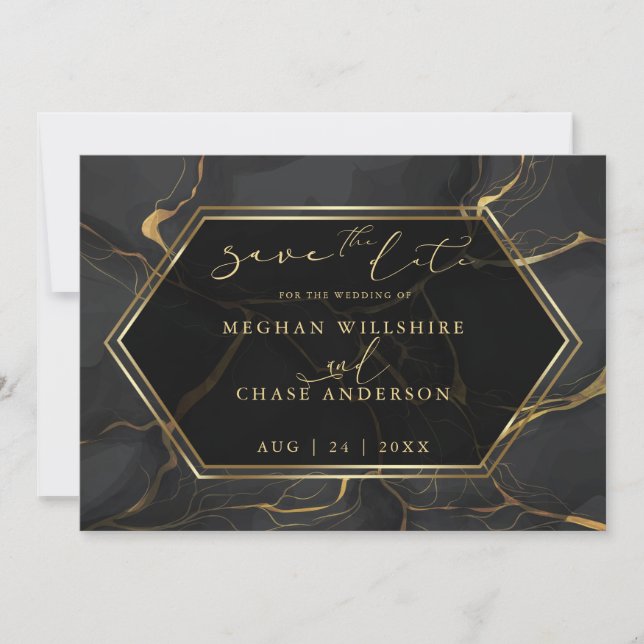 Carte RÉSERVEZ LA DATE | Marbre noir et or élégant (Devant)