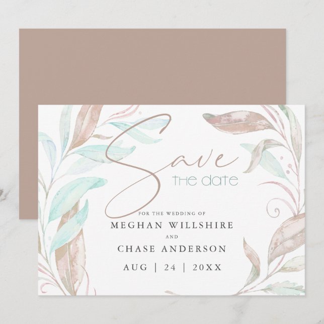 Carte RÉSERVEZ LA DATE | Pastel Coral Aqua Feuilles (Devant / Derrière)