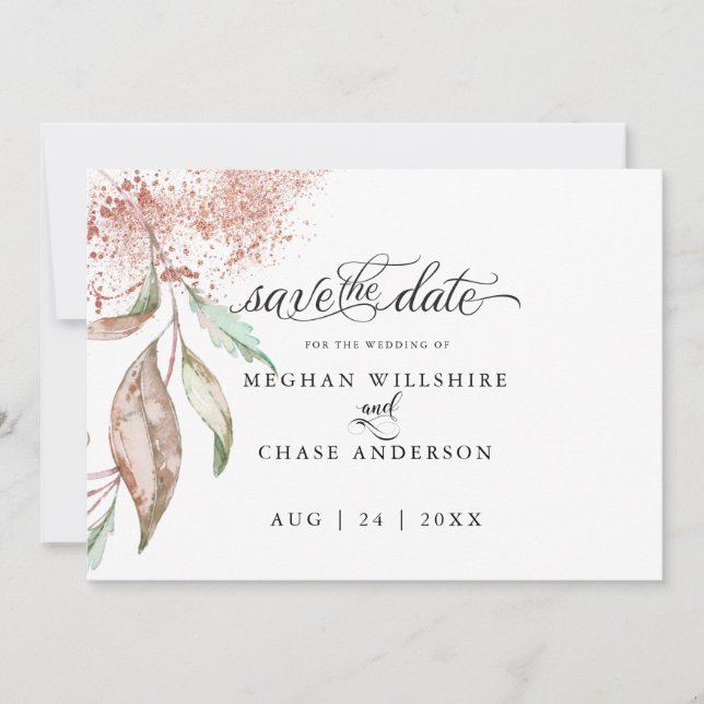 Carte RÉSERVEZ LA DATE | Rose Coral Aquarelle Foliing (Devant)