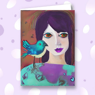 Carte Restez en contact avec un ami Fille et oiseau