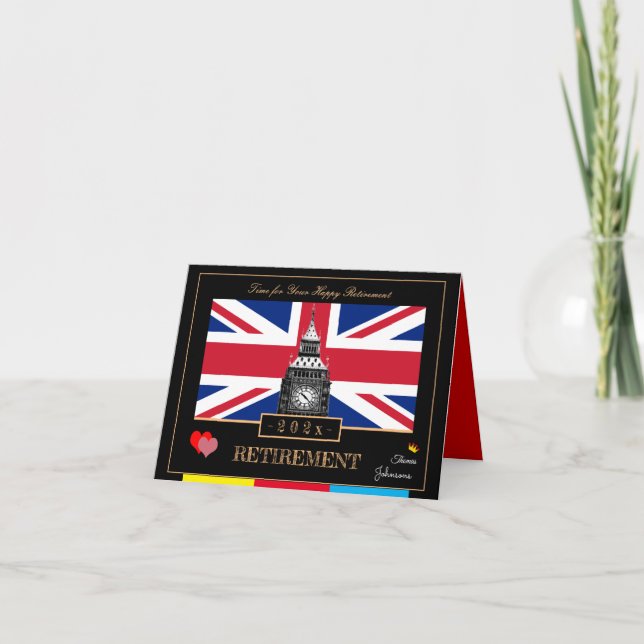 Carte Retraite avec drapeau britannique, Big Ben Horloge (Devant)