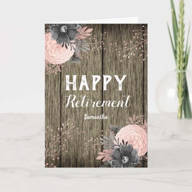 Carte Retraite Faux Rustc Bois et fleurs (Devant)