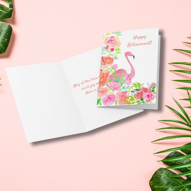 Carte Retraite Heureuse Aquarelle Flamant Avec Fleurs (Flamingo Retirement Card: Celebrate their next chapter with colorful joy and grace.)