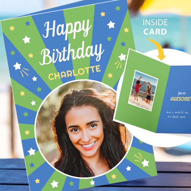 Carte Retro Anniversaire Personnalisé Nom 2 Photo Bleu V (Créateur téléchargé)