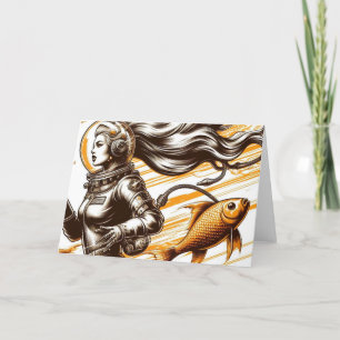 Carte Rétro astronaute féminine et poisson Toute l'occas