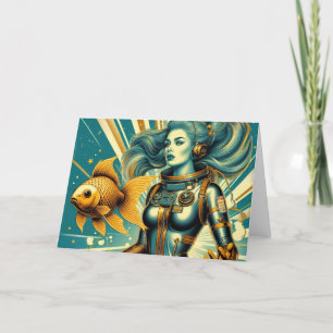 Carte Rétro astronaute féminine et poisson Toute l'occas
