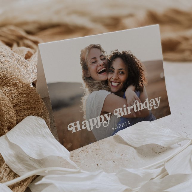 Carte Retro Boho Texte et photo | Joyeux anniversaire (A stylish, boho and retro look birthday card with photo)