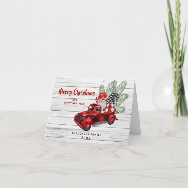 Carte Retro Buffalo Red Truck Gnomes Rustique Noël (Devant)