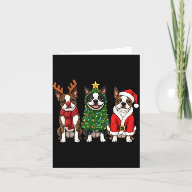 Carte Retro Christmas Boston Terrier Santa Reindeer Dog  (Devant)