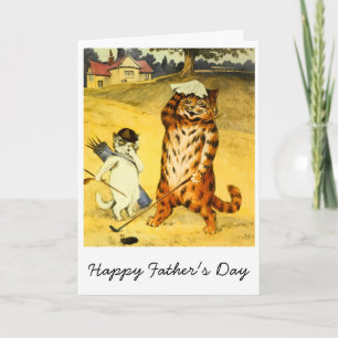 Carte Rétro Drôle Fête des Pères Golfeur Chat & Caddie