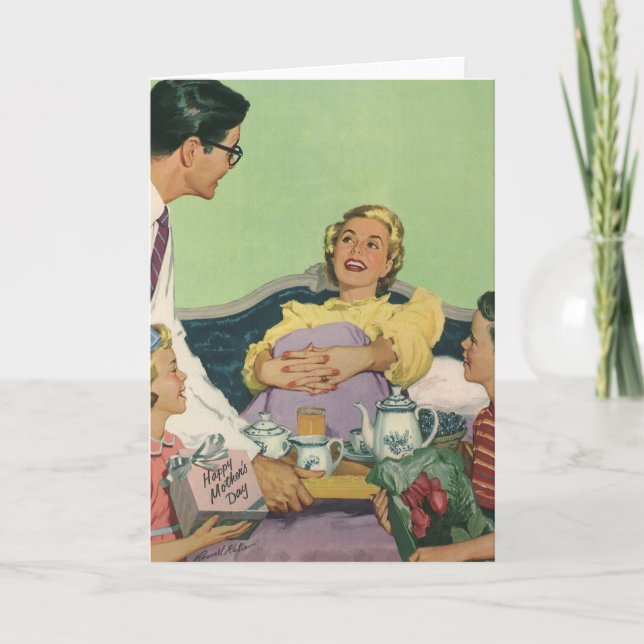 Carte Retro Family Sert Maman Petit déjeuner en Bed (Devant)