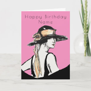 Carte Rétro Femme Casquette noir Art Déco rose Anniversa