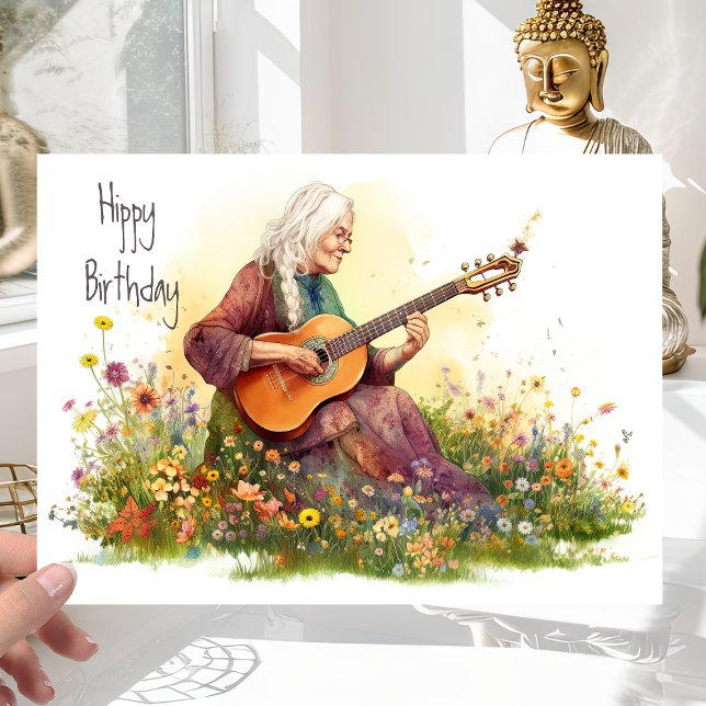 Carte Rétro Fille Hippie 60s Flower Power - Joyeux Anniv (Créateur téléchargé)