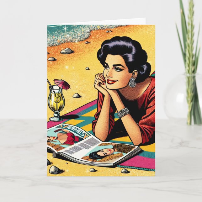 Carte Retro Lady at Beach Daydreday Anniversaire (Devant)