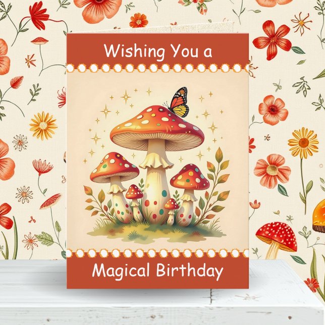 Carte Retro Mushrooms and Butterfly | Friend's Birthday (Créateur téléchargé)