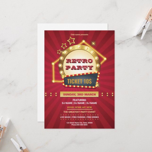 Carte Retro Music Party Flyer Template (Devant/Arrière en situation)