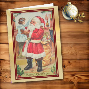 Carte Retro Père Noël examine la poupée Red Border Holid