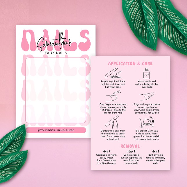Carte Retro Pink Acrylic Nails Care Guide Display Cards (Trendy faux nails display cards with care & application guide on the back)