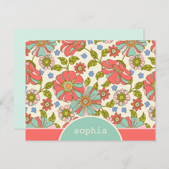 Carte Retro Pink & Aqua Floral Flat Custom Flat No (Devant / Derrière)