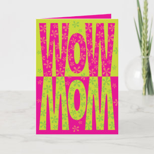 Carte Retro Rose Vert Super Floral Wow Maman Fête des mè