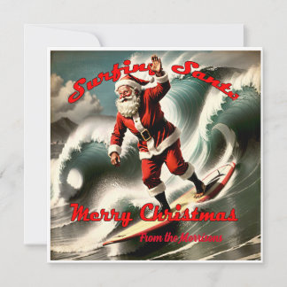 Carte Retro Surfing Père Noël sur un style Vintage Noël