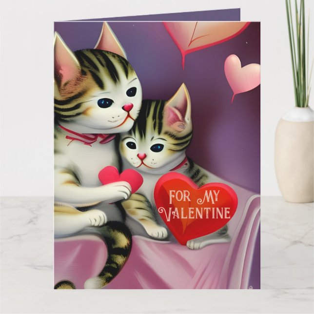 Carte Rétro Valentine Cute Kittens et Coeurs (Devant)