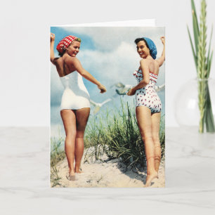 Carte Rétros filles surfantes vintages de plage des