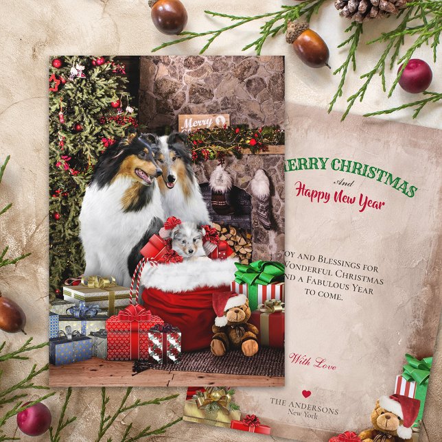 Carte Réveillon de Noël rustique, Famille Rough Collie - (Créateur téléchargé)