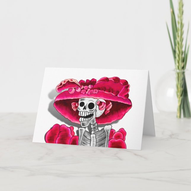 Carte Rire Skeleton Woman dans Red Bonnet (Devant)