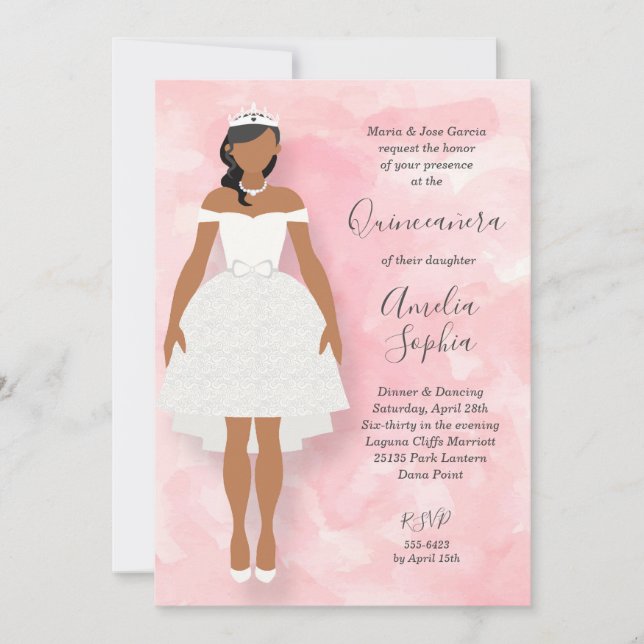 Carte Robe blanche à cheveux noirs sur Quinceanera rose (Devant)