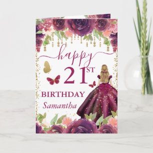 Carte Robe prune Princesse aux cheveux blonds Anniversai