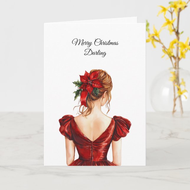 Carte Robe rouge femme Noël (Fleur jaune)