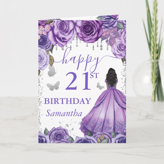 Carte Robe violette Peau foncée princesse Anniversaire (Devant)