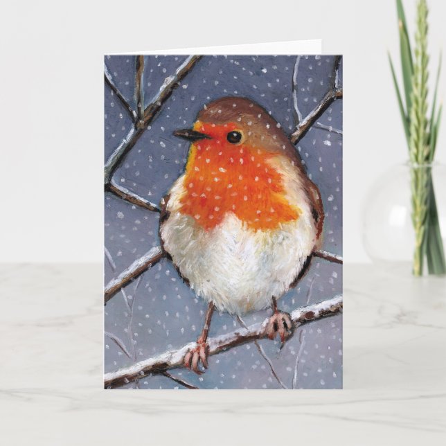 CARTE ROBIN ANGLAIS DANS LA NEIGE : HUILE PASTEL ART (Devant)