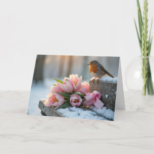 Carte Robin Ressort Avec Tulipes Roses