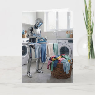 Carte Robot d'anniversaire repassant des vêtements