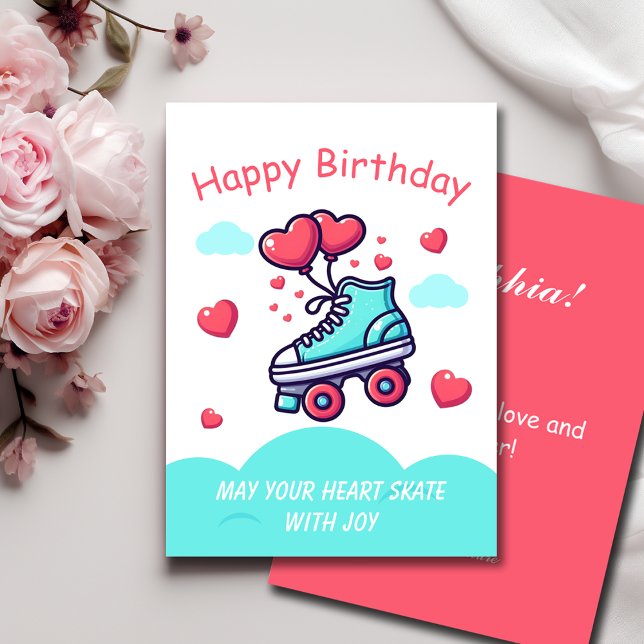Carte Roller Skate Red Hearts Balloons Anniversaire Salu (Créateur téléchargé)