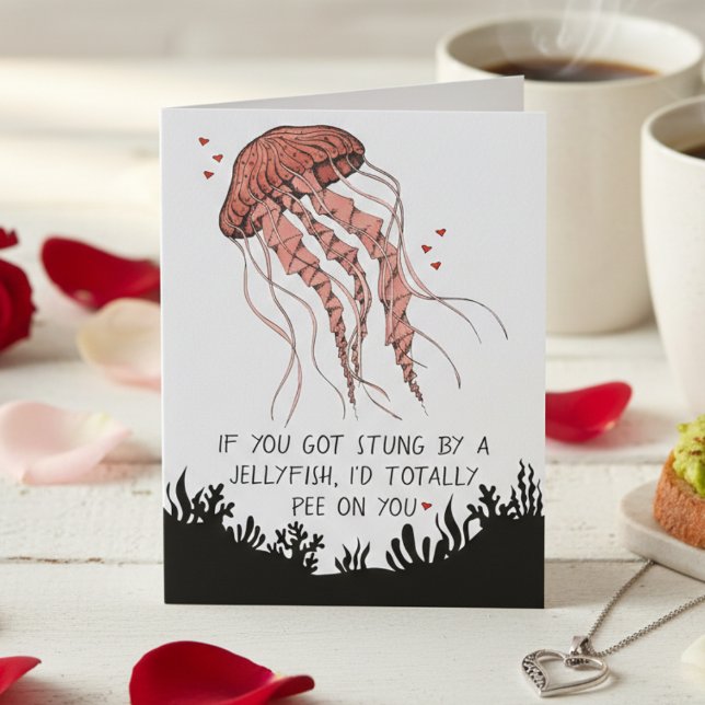Carte Romance Amusant de Méduse Amoureuse (Humor Anniversary Card or Funny Romance Card with Jellyfish Illustration and I Love You for Couple)
