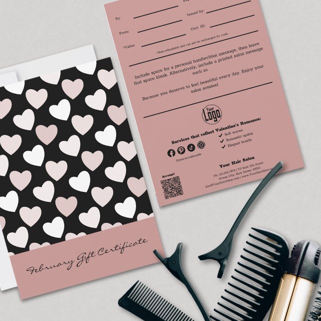 Carte Romance Hair Styles Février Certificat Cadeau (Romance Hair Styles February Gift Certificate, QR Code, Logo, Note, Service List)