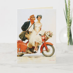 Carte Romance Vintage sur un Scooter Rouge