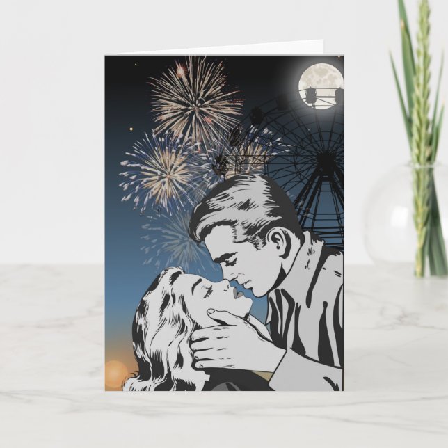 Carte Romantic Kiss Under Fireworks Greeting Card (Devant)