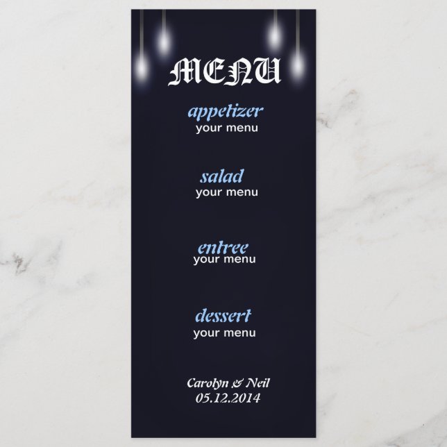 Carte romantique de menu de bleu marine de (Devant)