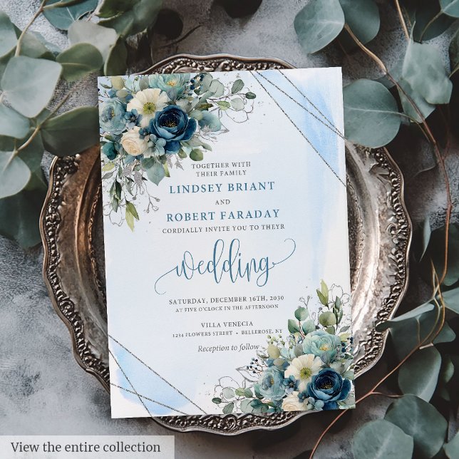 Carte romantique Dusty Blue Silver Faire-part de m (Romantic Dusty Blue Silver Wedding Invitation Card)