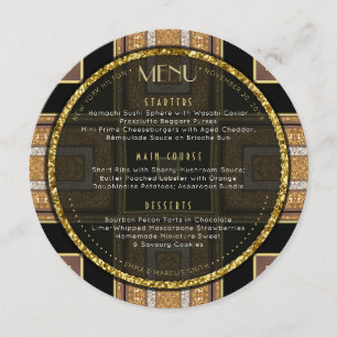 Carte ronde de menu de mariage d'or de l'art déco
