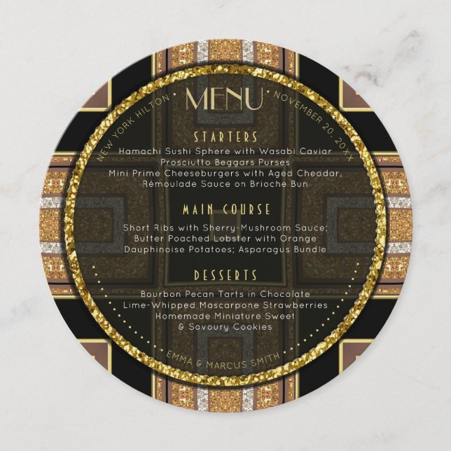 Carte ronde de menu de mariage d'or de l'art déco (Devant)