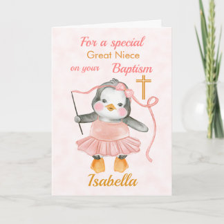 Carte rose Baptême Pingouin Ballerina