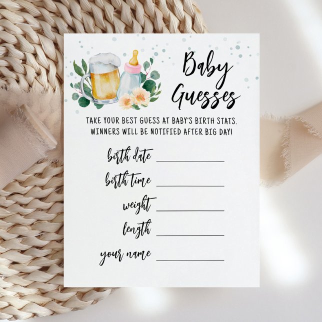 Carte rose bébé devine les prédictions bébé est en (Beer and Floral Baby is Brewing Baby Shower Baby Guesses Game Card)