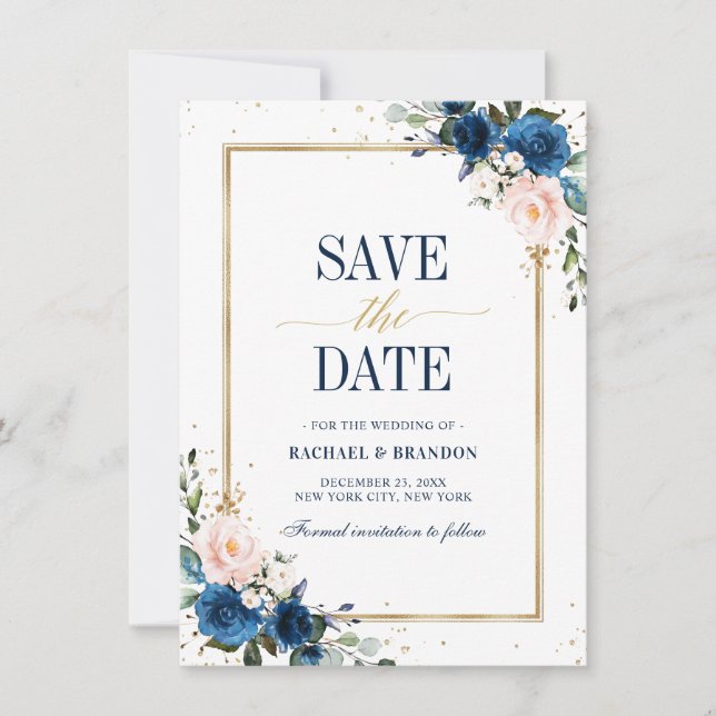 Carte Rose bleu marine Géométrique Enregistrer la date (Devant)