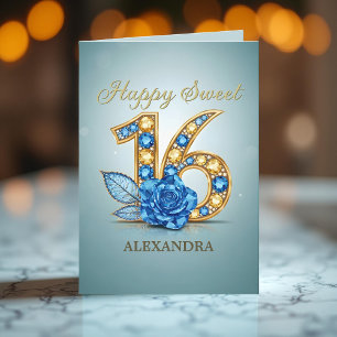 Carte Rose bleu sophistiqué Gold Gemstone Sweet 16